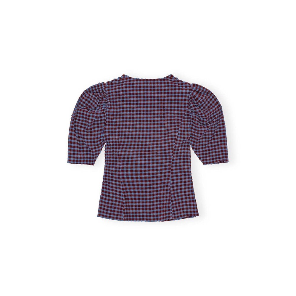 GANNI Blouse Seersucker V Neck Puff Sleeve in Blue Red Check Sz 46 XXL 16 - Picture 5 of 12